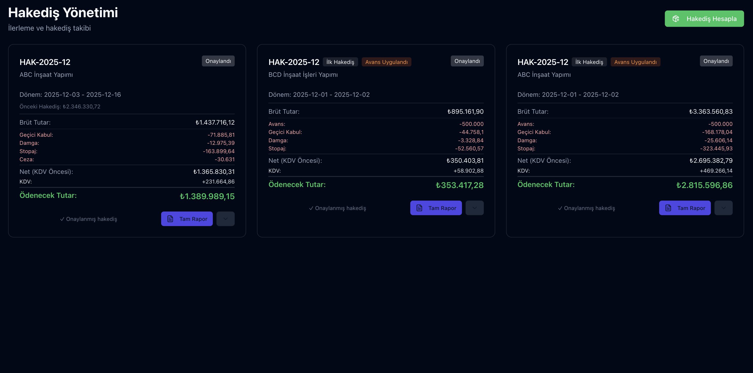 Parsek Hakediş oluşturma